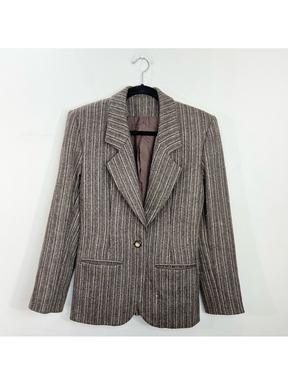 Vintage tailored preppy old money tweed stripe brown fitted jacket blazer - Picture 3 of 11